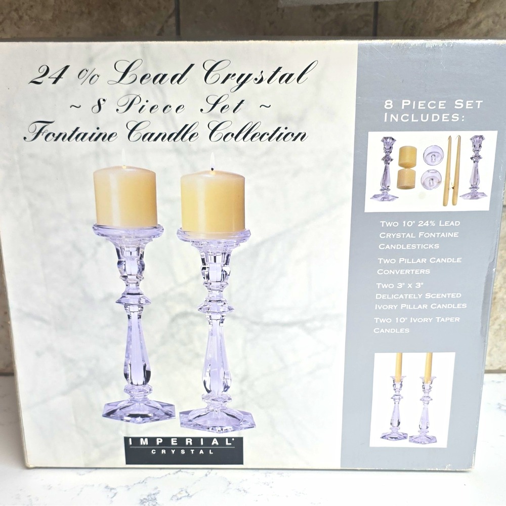 Imperial Crystal Fontaine 24% Lead Crystal 10 in Clear Candlesticks 8pc Set